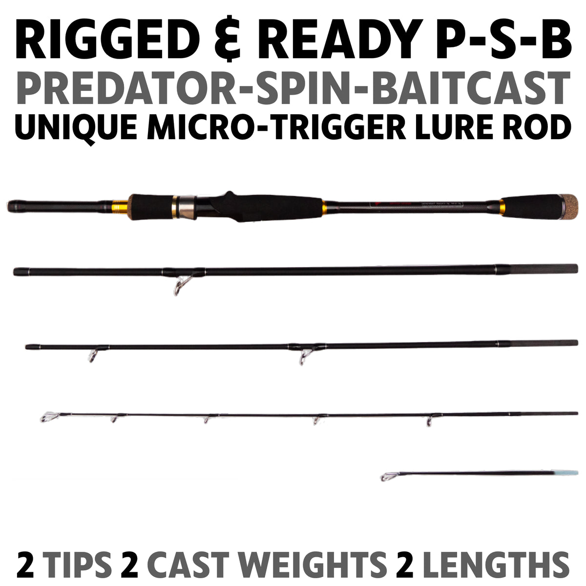 Predator Spin-Cast. Unique Predator-Spin-Baitcast Rod with Micro Trigger 2.2m+1.85m Rod Lengths + 2 Tips