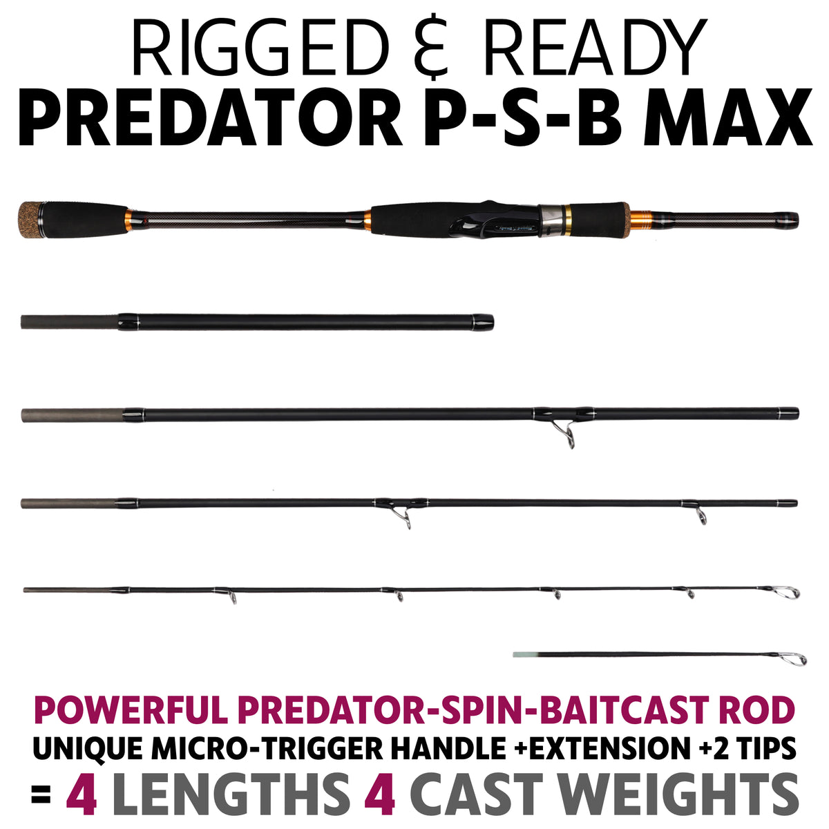 Predator Max Spin-Cast. Unique Predator-Spin-Baitcast Powerful Rod with Micro Trigger + Extension = 4 lengths & Cast Weights