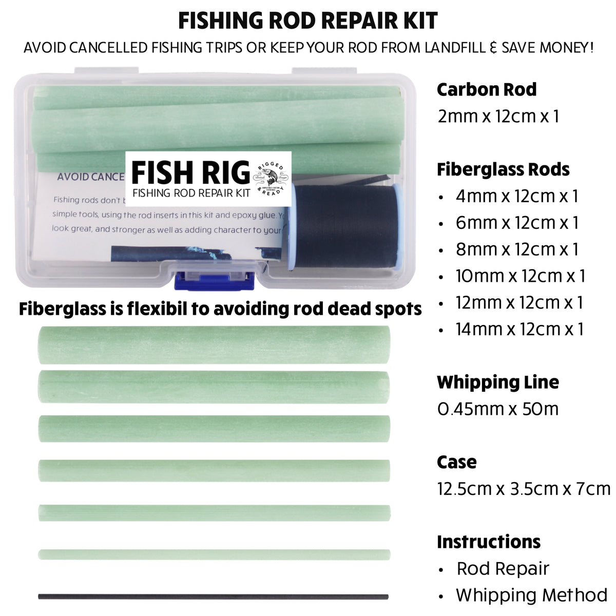 Fishing Rod Repair Kit. 7 x 12cm Replacement Insert Parts + Whipping Thread + Instructions