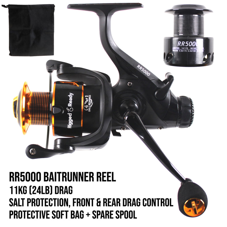 RR5000 Baitrunner, 4+1 Ball Bearings, Gear Ration: 5.1:1, Front & Rear Drag, Max Drag power: 11kg max, Salt Protection