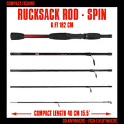 Rucksack Travel Fishing Spinning Rod 6’ 182 cm. Compact Length 15.5’ 40 cm. Max Cast Weight 20g (3/4oz)