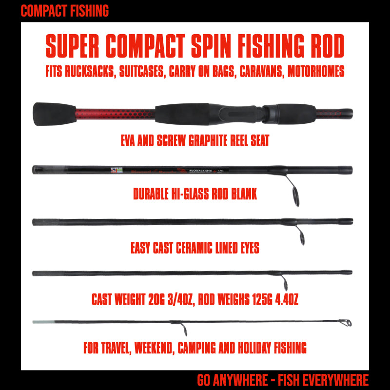 Rucksack Fishing Spinning Rod 5' 6" 170 cm. Compact Length 15.5’ 40 cm. Max Cast Weight 20g (3/4oz)