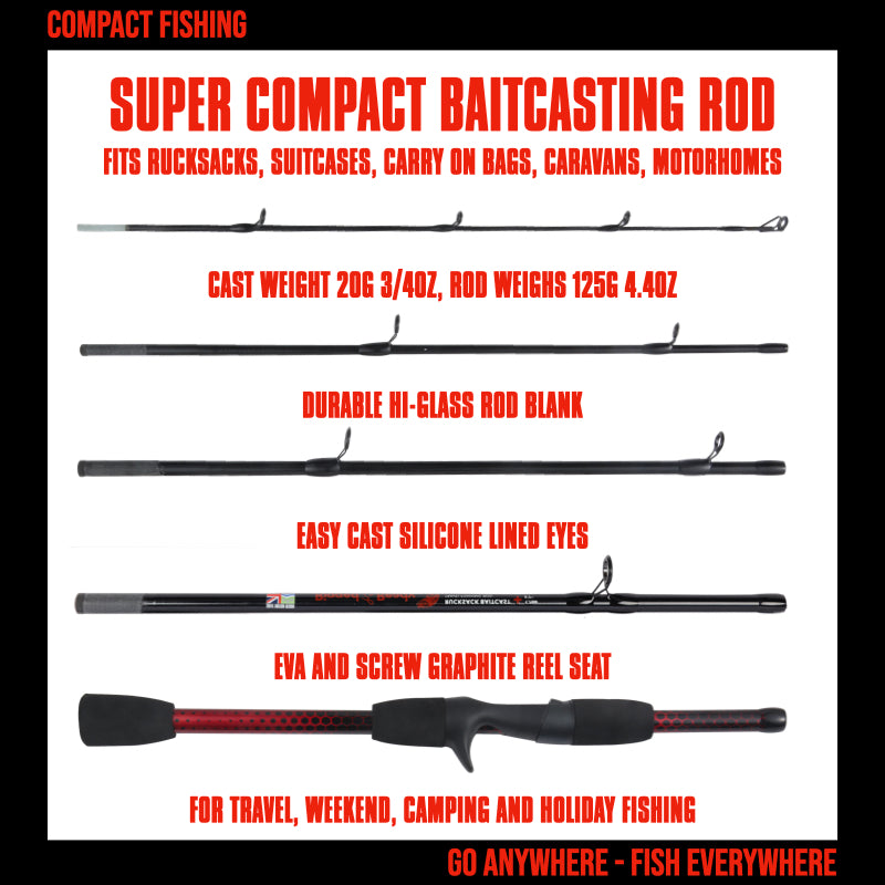 Rucksack Baitcast Travel Fishing Rod 5' 6" 170 cm. Compact Length 15.5’ 40 cm. Max Cast W 20g