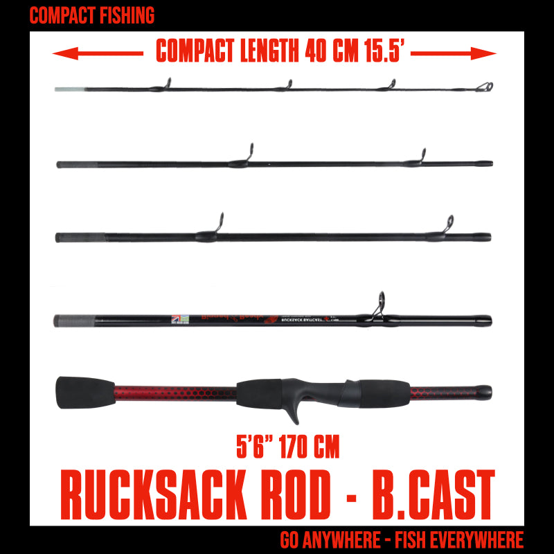 backpack baitcasting rod Rucksack Spin Travel Fishing Rod 5' 6" 170 cm . Compacts to 15.5" 40m