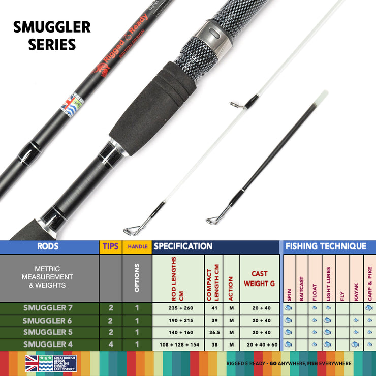 Smuggler 4 Kayak Compact Travel Spinning Rod - 4 tips, 3 lengths Max 154cm Min 108cm