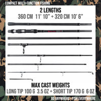 S Max. Big Fish Powerful Predator-Carp-Surf Travel Fishing Rod + 2 tips 3.6+3.2m  11’ 10”+10’ 7”