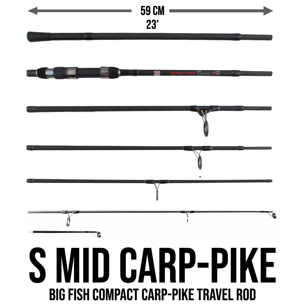 S Mid Combination. Powerful Carp, Predator, Light Surf rod +2 tips. 320 cm (10.5’) + 270 cm (8.85’) rods, RR5000 running/spin reel