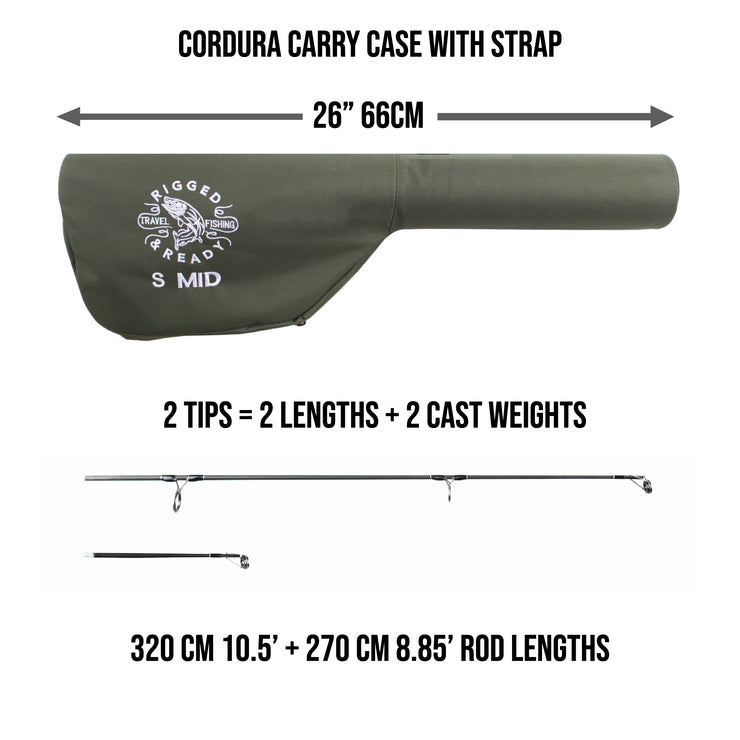 S Mid Rod & Reel Combination. Powerful Carp, Predator and Light Sea rod + 2 tips + Case. 320 cm (10.5’) + 270 cm (8.85’) options + RR5000 bait runner reel + spare spool