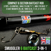 Smuggler 6 Baitcast Fishing Rod & Case. Compact medium casting action rod. 3 tips