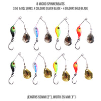 Fish Rig Micro Spinnerbaits x 8 Set. 4 x 3.5g gold + 4 x 3.5g Silver. 100% Barbless & Weedless, 5cm Length