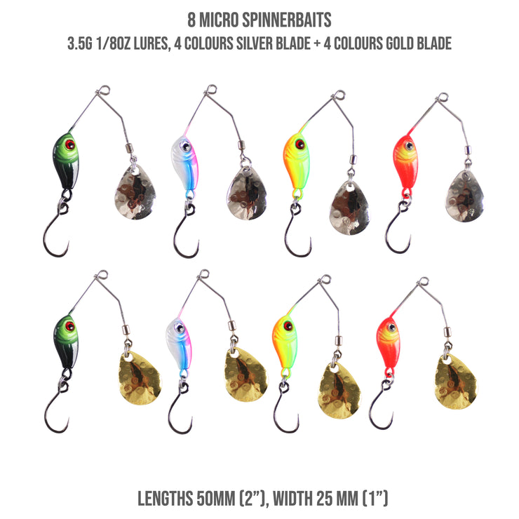 Micro Spinnerbaits x 8 Set. 4 x 3.5g gold + 4 x 3.5g Silver. 100% Barbless & Weedless, 5cm Length