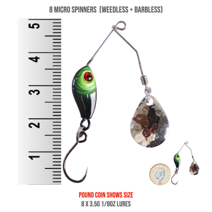 Micro Spinnerbaits x 8 Set. 4 x 3.5g gold + 4 x 3.5g Silver. 100% Barbless & Weedless, 5cm Length