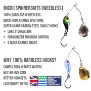 Micro Spinnerbaits x 8 Set. 4 x 3.5g gold + 4 x 3.5g Silver. 100% Barbless & Weedless, 5cm Length