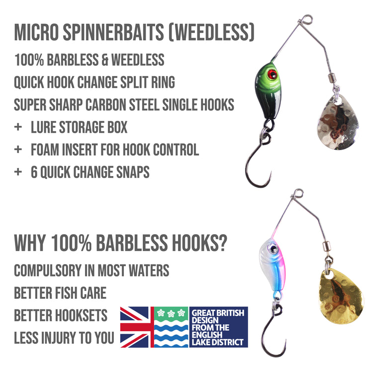 Micro Spinnerbaits x 8 Set. 4 x 3.5g gold + 4 x 3.5g Silver. 100% Barbless & Weedless, 5cm Length