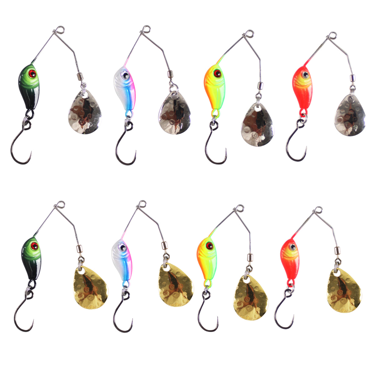 Fish Rig Micro Spinnerbaits x 8 Set. 4 x 3.5g gold + 4 x 3.5g Silver. 100% Barbless & Weedless, 5cm Length