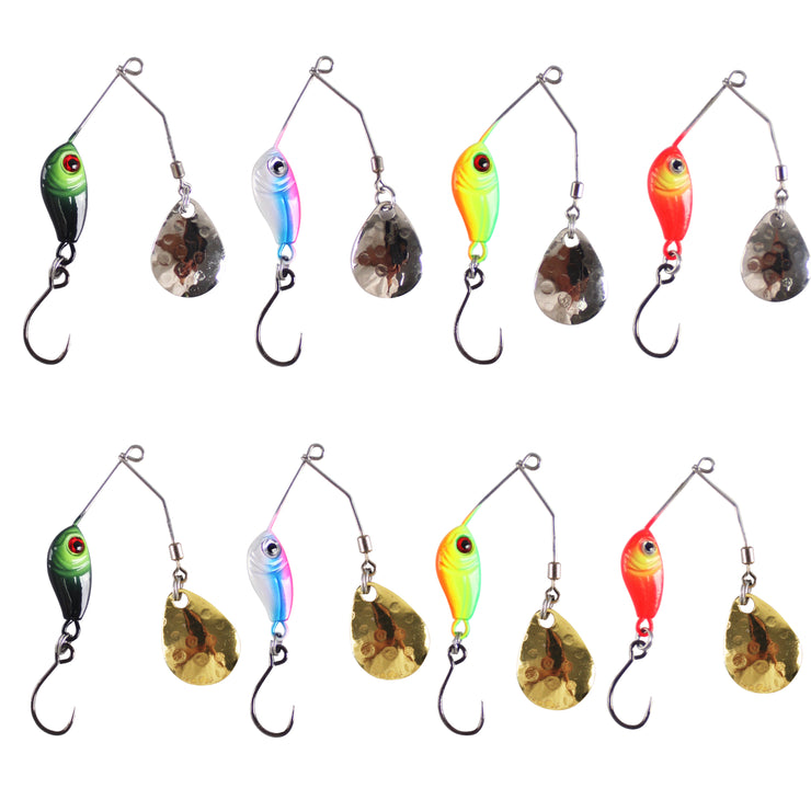 Micro Spinnerbaits x 8 Set. 4 x 3.5g gold + 4 x 3.5g Silver. 100% Barbless & Weedless, 5cm Length