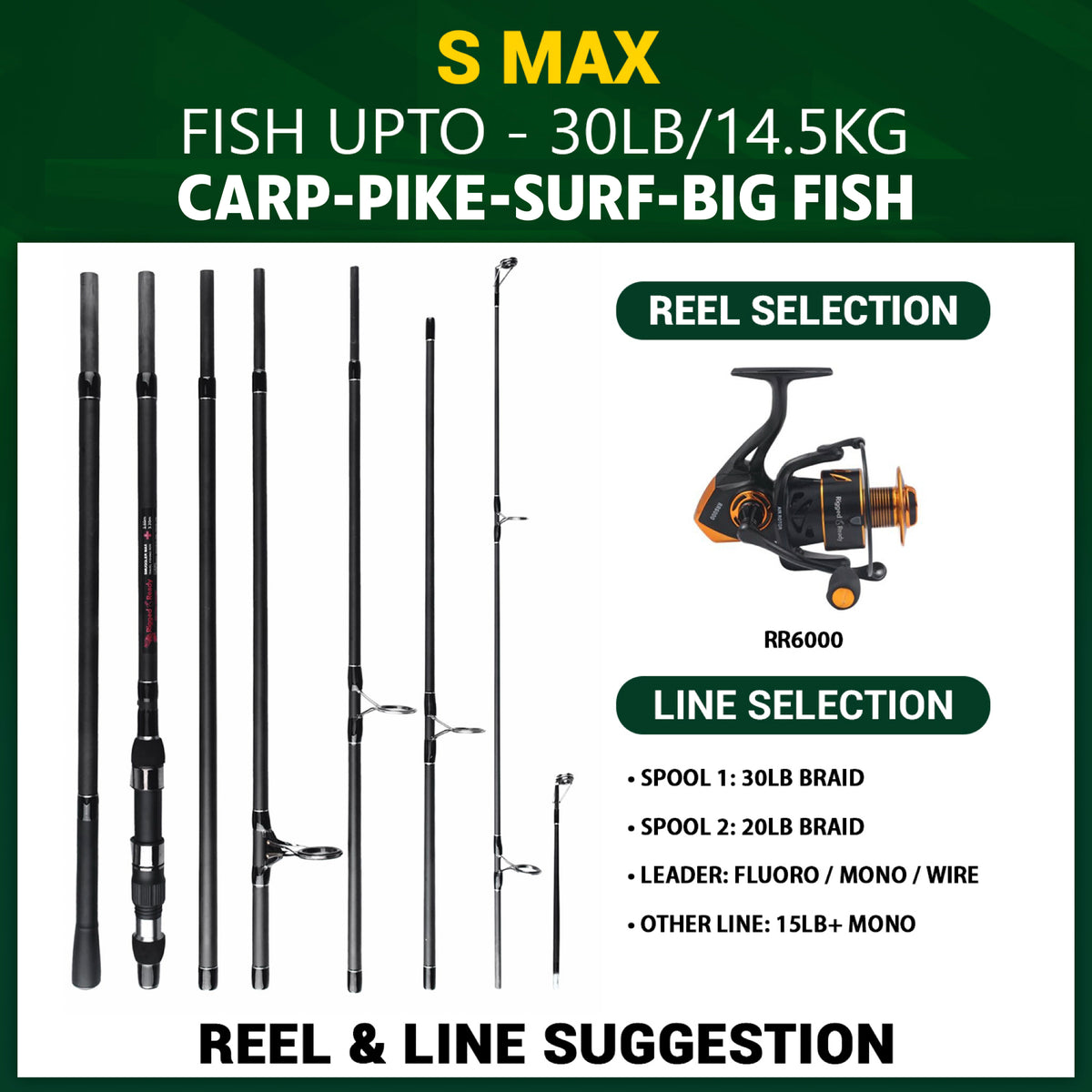 S Max. Big Fish Powerful Predator-Carp-Surf Fishing Rod + 2 tips 360cm 11'10"+320cm 10’ 6”