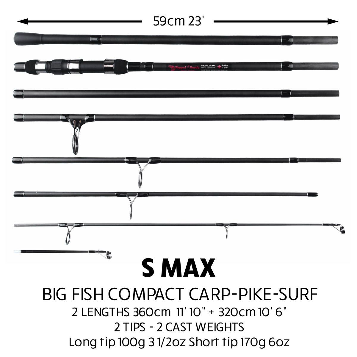 S Max. Big Fish Powerful Predator-Carp-Surf Fishing Rod + 2 tips 360cm 11'10"+320cm 10’ 6”