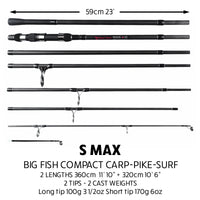 S Max. Big Fish Powerful Predator-Carp-Surf Fishing Rod + 2 tips 360cm 11'10"+320cm 10’ 6”
