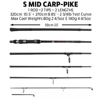 S Mid Carp. Big Fish Carp, Pike, Cat Travel Rod + 2 tips 320 & 270cm