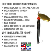 Barbless Fishing Spinners Medium x 4. Flying C Condom Spinner Set - 10g, 8cm, Size 2, - Single Hook. Exclusive to Rigged and Ready