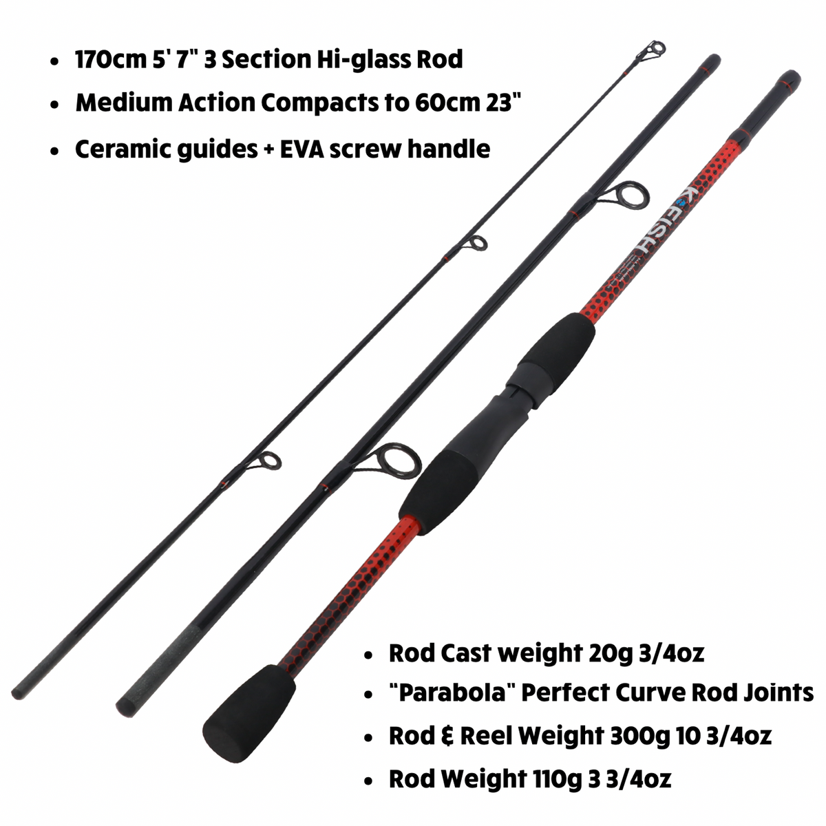 K Fish Fishing Rod By Rigged & Ready 170cm 5’ 7” 3 Section Rod. Compact 60cm 23"
