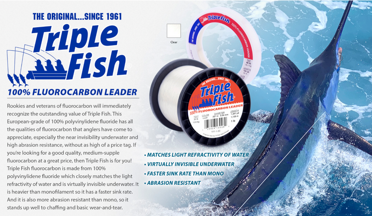 6lb Fluorocarbon. Triple Fish 6lb 2.7Kg 100% Fluorocarbon. 180m&nbsp;(200 yards, so great value). Invisible under water