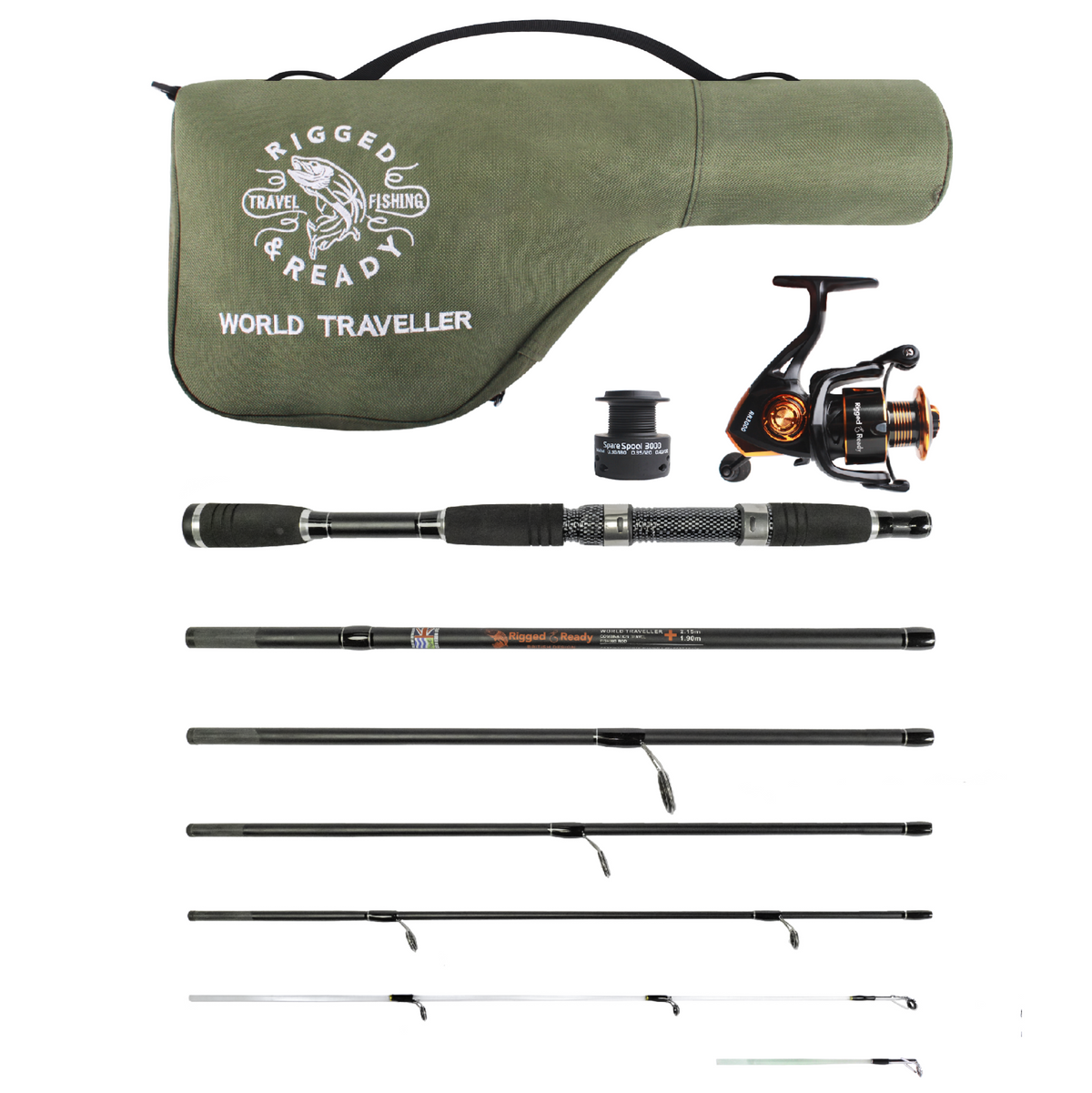 World Traveller Rod-Reel-Case Combo. 1 Rod, 2 tips, 2 lengths 215cm 7’ & 190cm 6'3"
