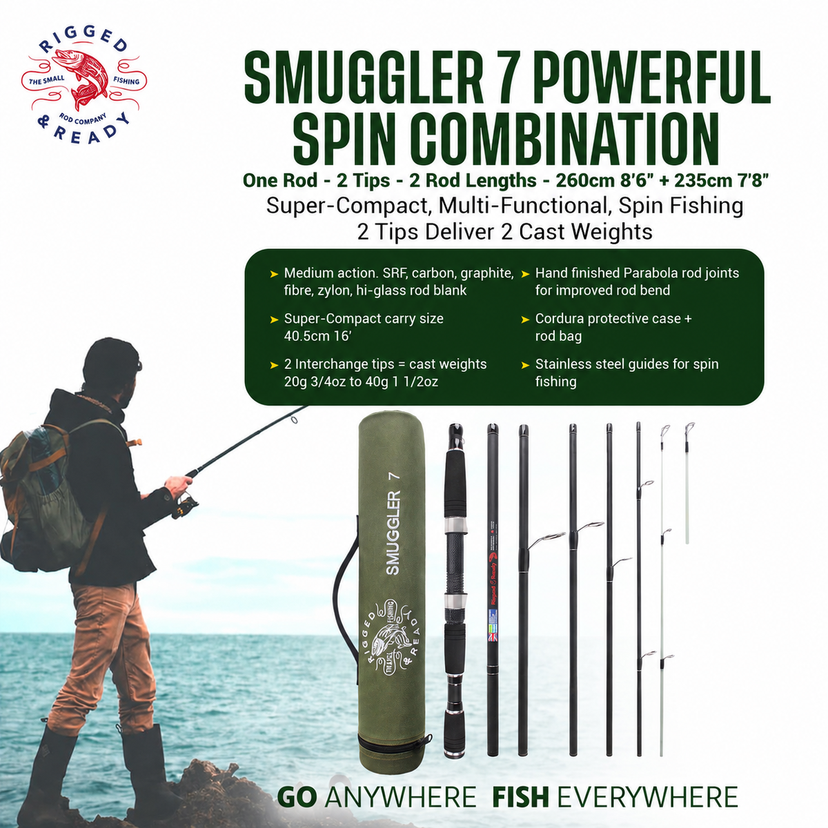 Smuggler 7 Powerful Compact Travel Rod + 2 tips. 260cm 8'6" + 235cm 7'8" fishing options