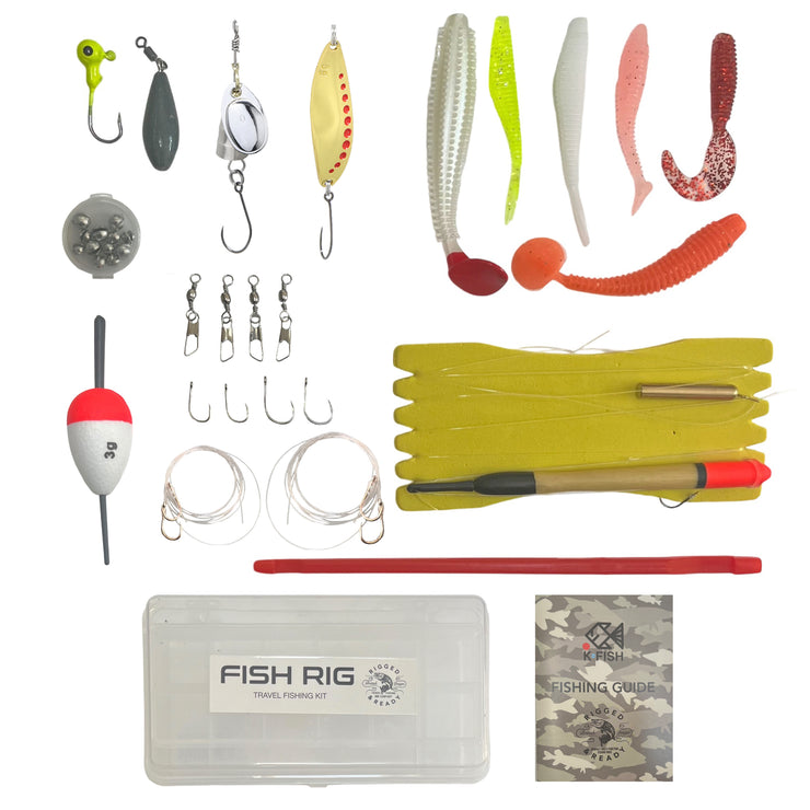 Fish Rig Travel Fishing Tackle Box + Tackle. 30 Essential Angling Tackle Items + How to Fish Guide