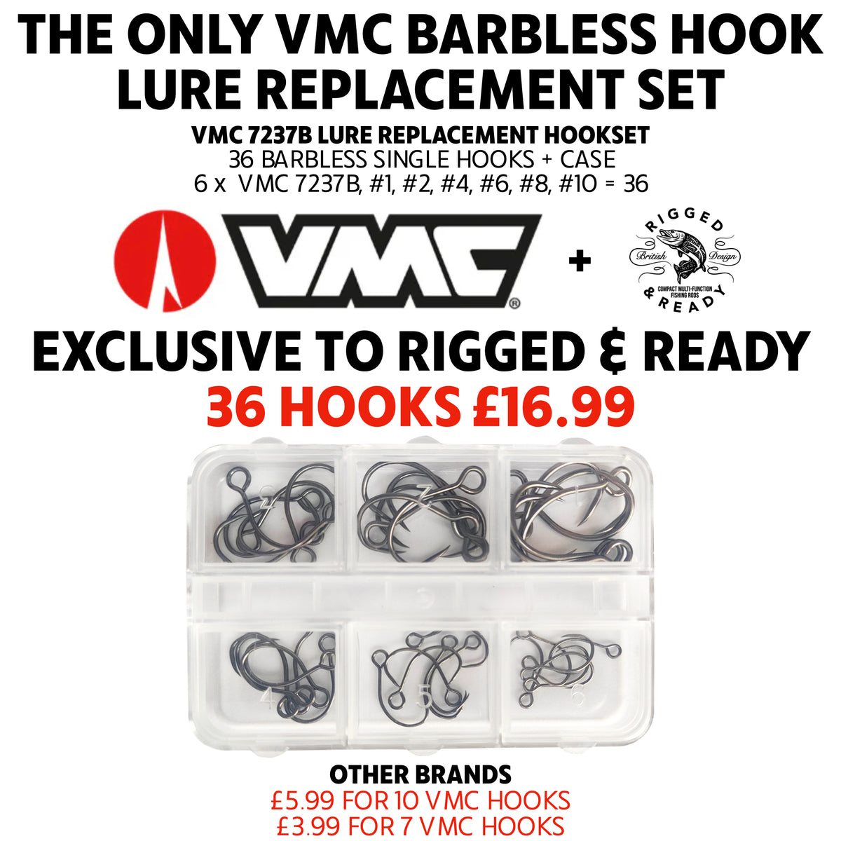 Exclusive. VMC Lure Replacement Hookset + Case. 36 Barbless Single Hooks.  6 x #1, #2, #4, #6, #8, #10