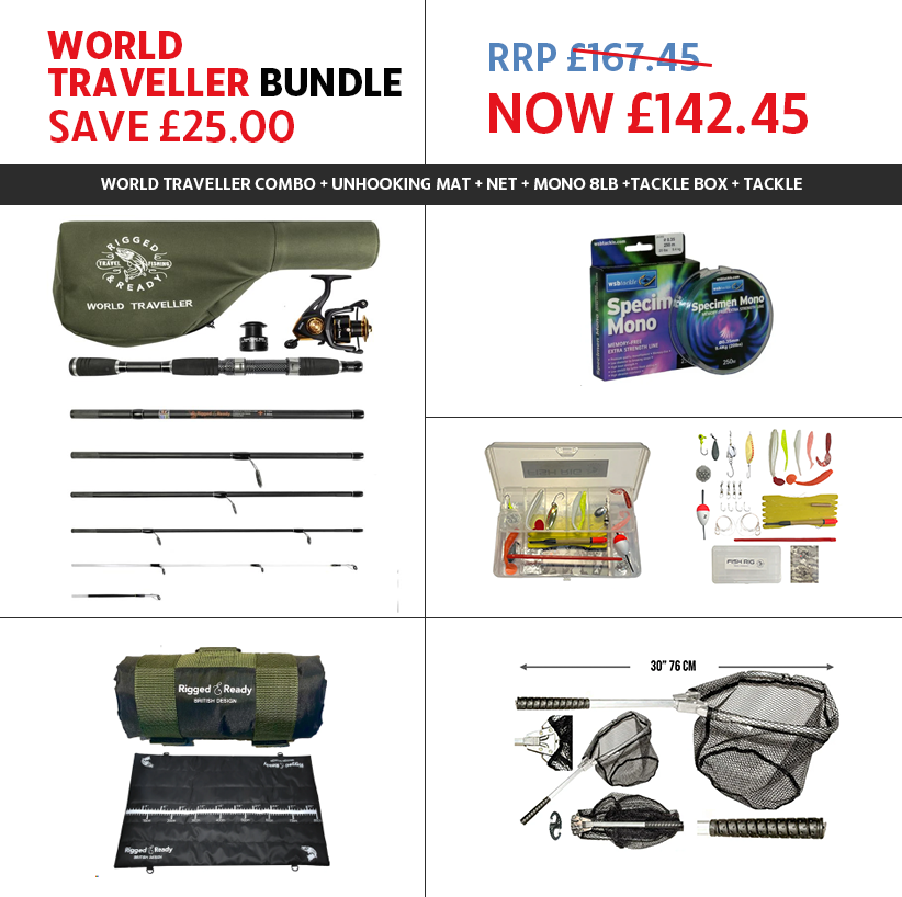 SPECIAL DEAL – WORLD TRAVELLER COMBO BUNDLE + UNHOOKING MAT, NET, 8LB MONO LINE & TACKLE BOX WITH TACKLE RRP £167.45 NOW £142.45*
