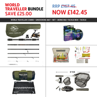 SPECIAL DEAL – WORLD TRAVELLER COMBO BUNDLE + UNHOOKING MAT, NET, 8LB MONO LINE & TACKLE BOX WITH TACKLE RRP £167.45 NOW £142.45*