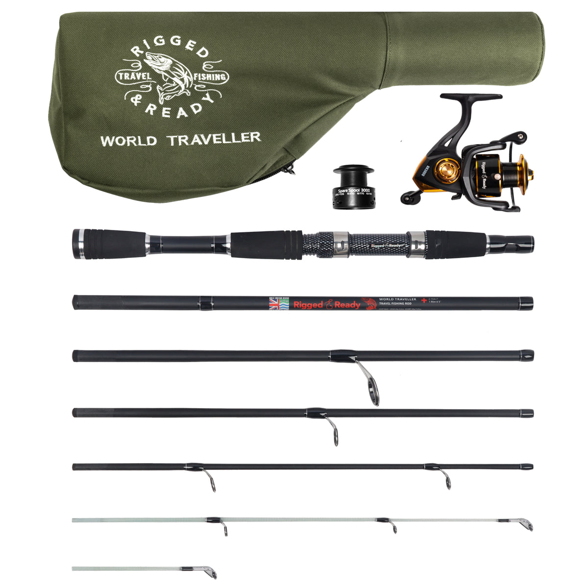 World Traveller Rod-Reel-Case Combo. 1 Rod, 2 tips, 2 lengths 220cm 7’ & 190cm 6'3"