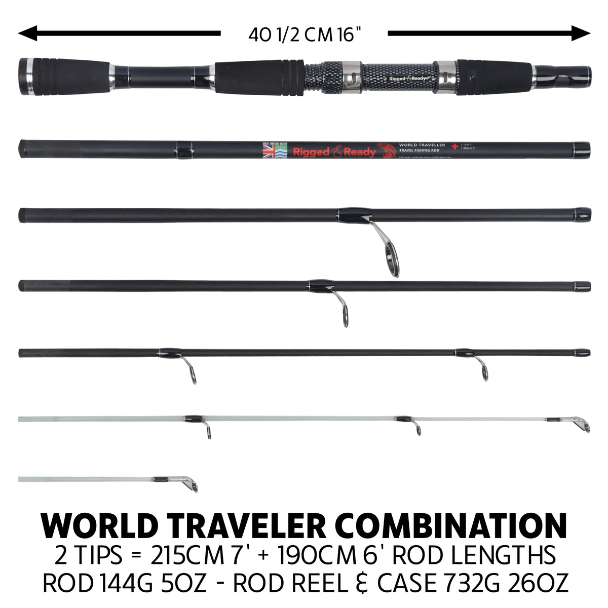 World Traveller Rod-Reel-Case Combo. 1 Rod, 2 tips, 2 lengths 220cm 7’ & 190cm 6'3"