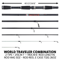 World Traveller Rod-Reel-Case Combo. 1 Rod, 2 tips, 2 lengths 220cm 7’ & 190cm 6'3"