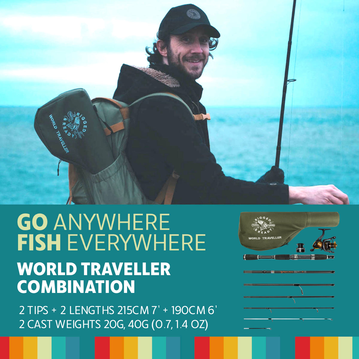 World Traveller Rod-Reel-Case Combo. 1 Rod, 2 tips, 2 lengths 220cm 7’ & 190cm 6'3"