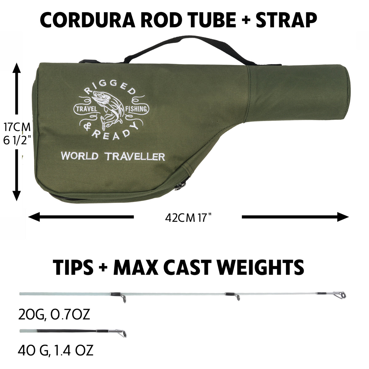 World Traveller Rod-Reel-Case Combo. 1 Rod, 2 tips, 2 lengths 220cm 7’ & 190cm 6'3"