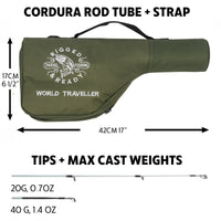 World Traveller Rod-Reel-Case Combo. 1 Rod, 2 tips, 2 lengths 220cm 7’ & 190cm 6'3"