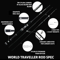 World Traveller Rod-Reel-Case Combo. 1 Rod, 2 tips, 2 lengths 220cm 7’ & 190cm 6'3"