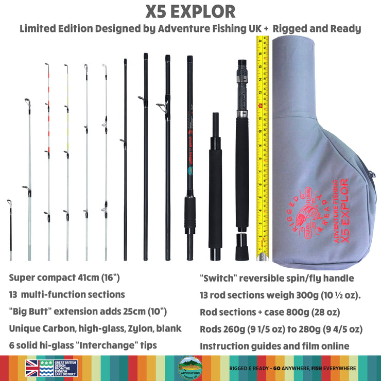 X5 Explor. Limited Edition by Adventure Fishing UK + Rigged and Ready  6-in-1 Fishing Rod