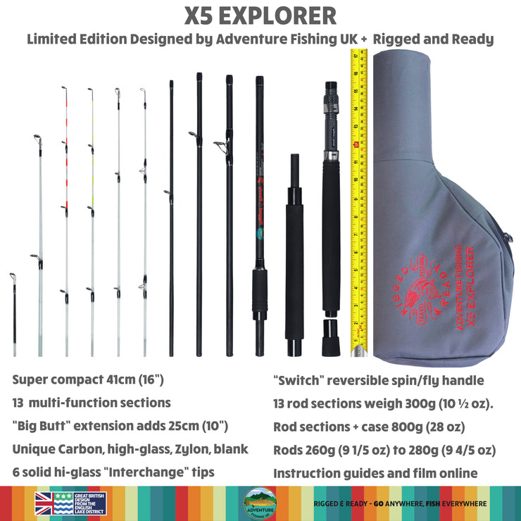 X5 Explorer. Limited Edition by Adventure Fishing UK + Rigged and Ready  6-in-1 Fishing Rod