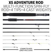 X5 Fishing Rod. Multi-Function, Super-Compact Spin-Fly Travel Rod. 1 rod 5 fishing techniques. 2.2m (7’) + 1.9m (6') lengths