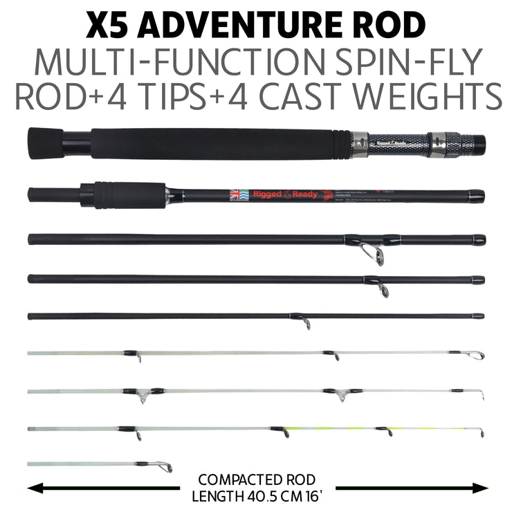 X5 Fishing Rod. Multi-Function, Super-Compact Spin-Fly Travel Rod. 1 rod 5 fishing techniques. 2.2m (7’) + 1.9m (6&