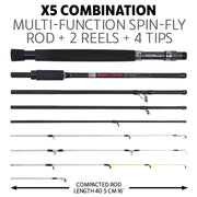 X5 Combination Travel Fishing Rod, 2 Reels and Case. Spin-Fly, Super-Compact, Multi-Functional Rod Combo. 5 Techniques.