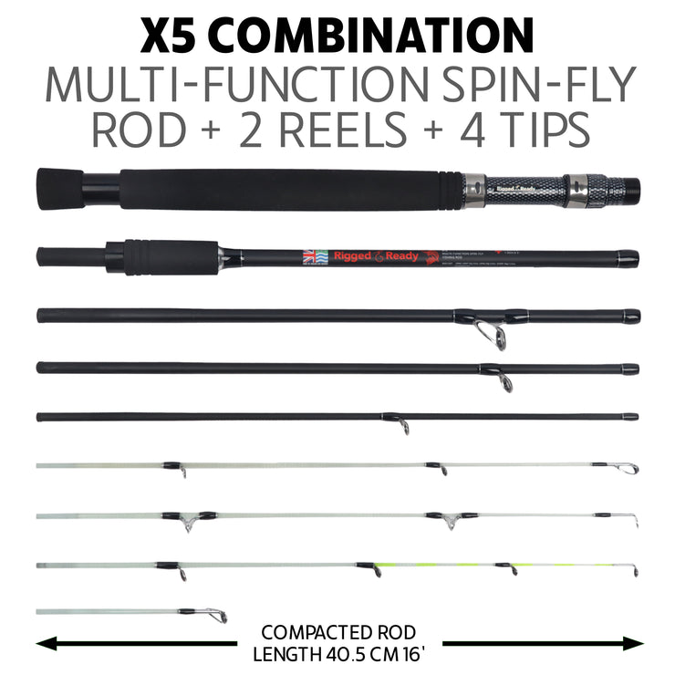 X5 Combination Travel Fishing Rod, 2 Reels and Case. Spin-Fly, Super-Compact, Multi-Functional Rod Combo. 5 Techniques.