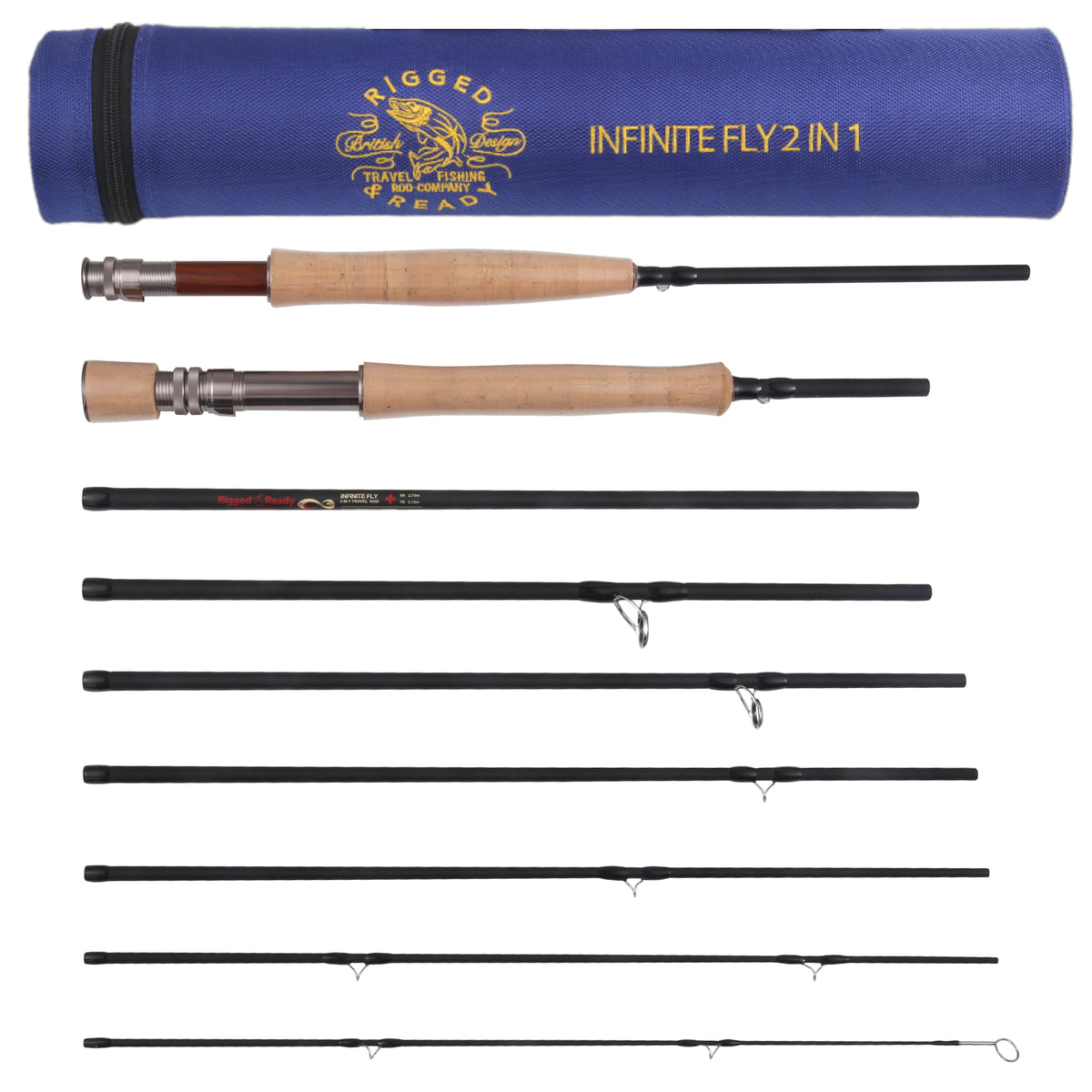 FLY 2-IN-1 Travel Fly Rod. 2 Handles. Hi-Modulus Carbon 8 Sections 9ft #6 + 7ft #4