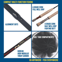 FLY 2-IN-1 Travel Fly Rod. 2 Handles. Hi-Modulus Carbon 8 Sections 9ft #6 + 7ft #4