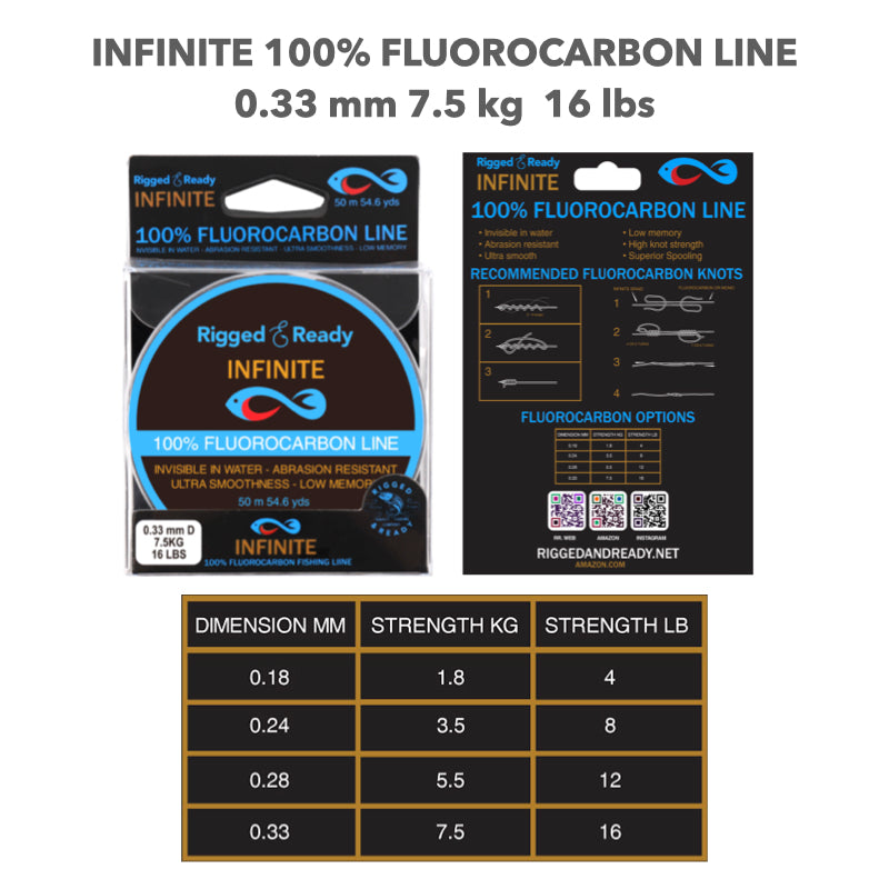 Fluorocarbon 16 lb - 7.5 kg 100% Fluorocarbon  fishing line leader. 50m. Virtually invisible for more bites and fish
