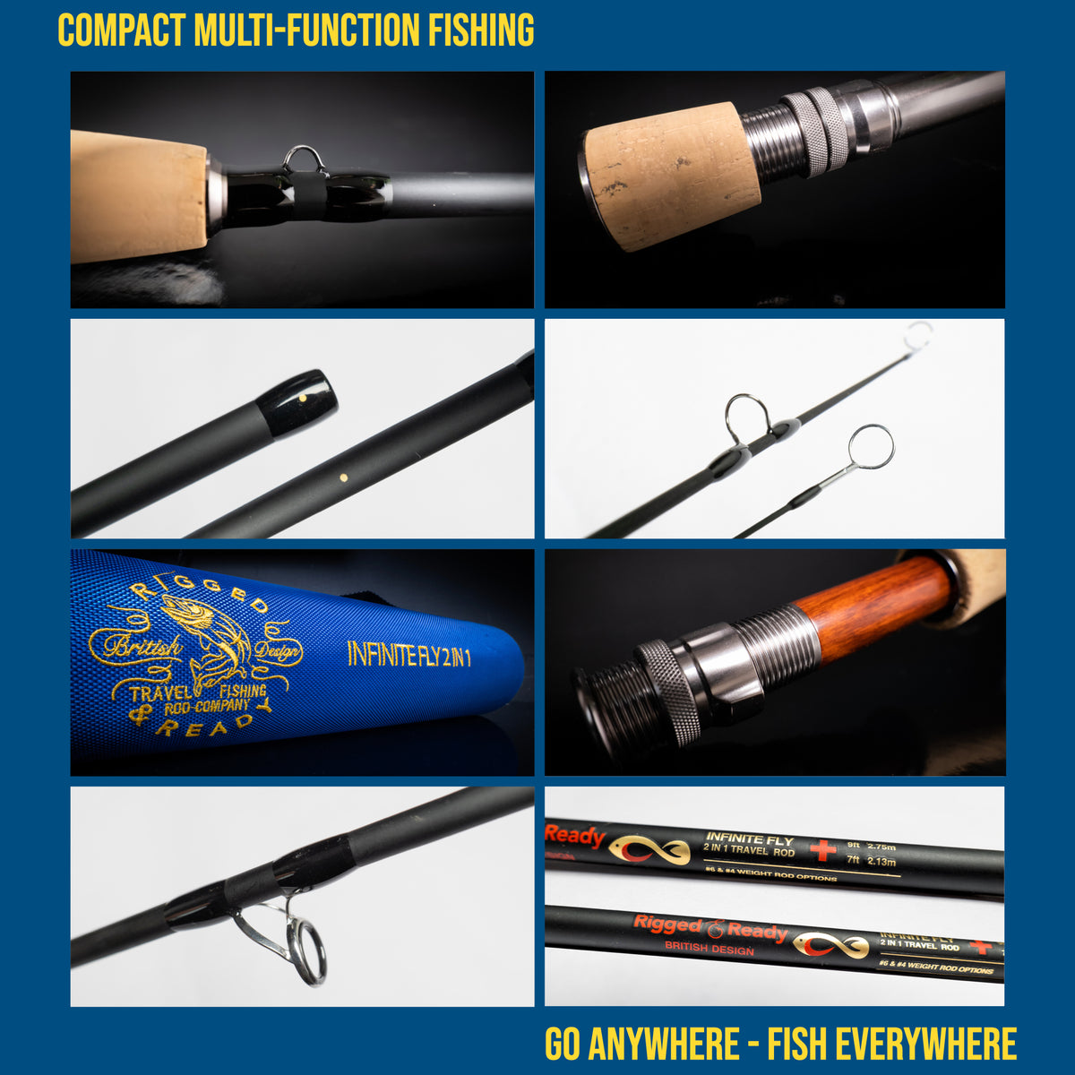 FLY 2-IN-1 Travel Fly Rod. 2 Handles. Hi-Modulus Carbon 8 Sections 9ft #6 + 7ft #4
